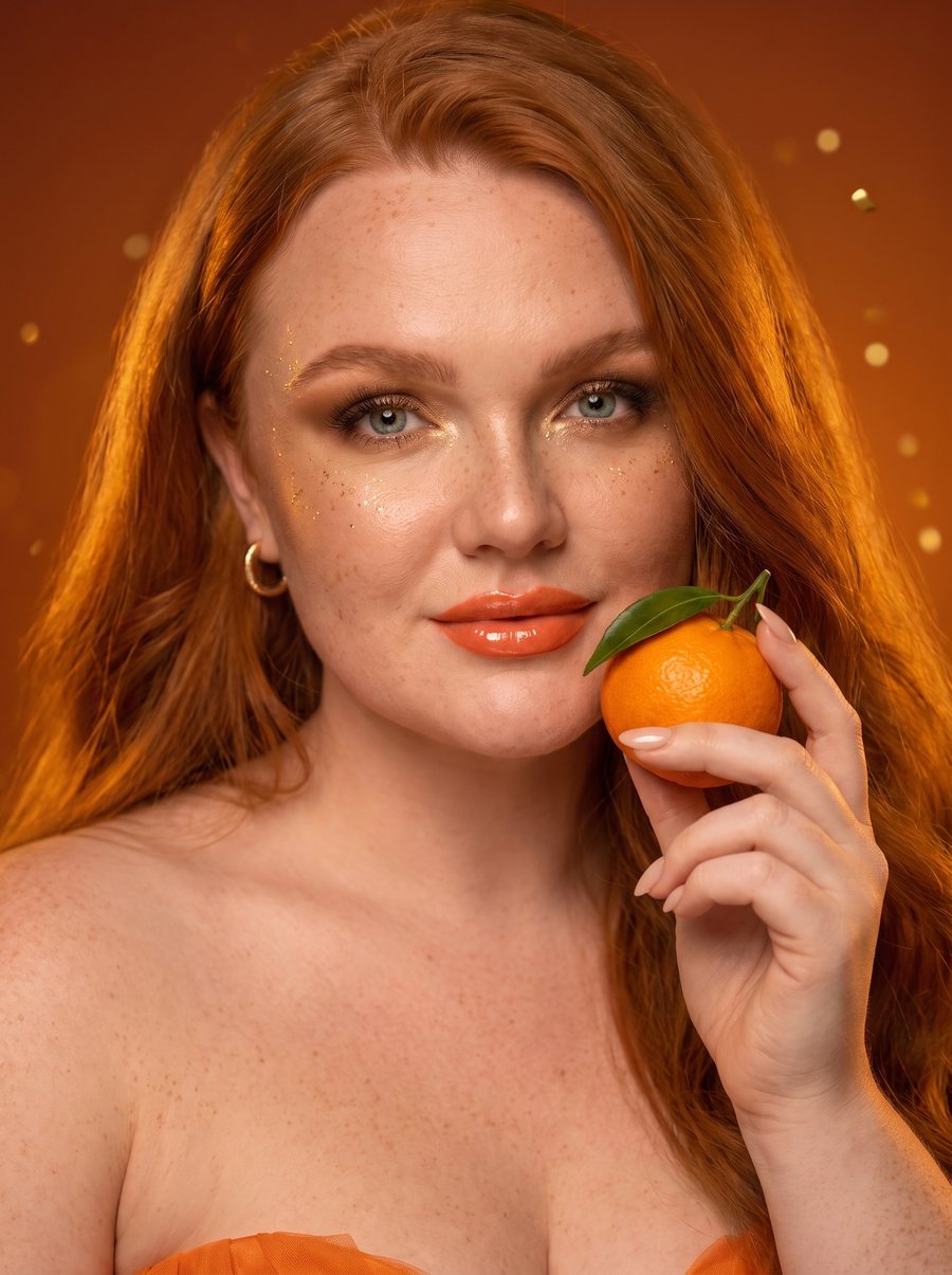 Beauty close-up with a mandarin and gold shimmer