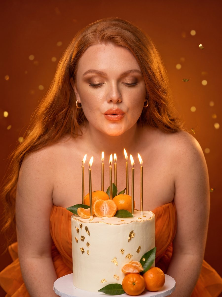 Blowing out the candles on a mandarin birthday cake