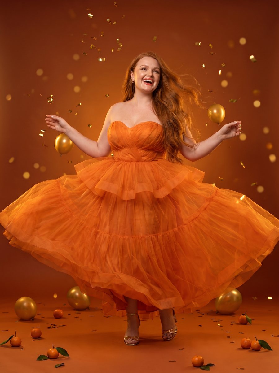 Twirling in a tangerine tulle gown with gold confetti