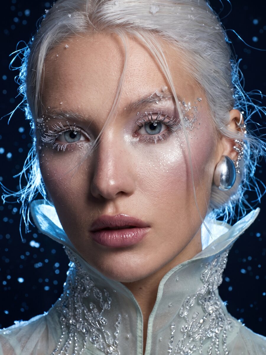 Beauty close-up with frost on the lashes