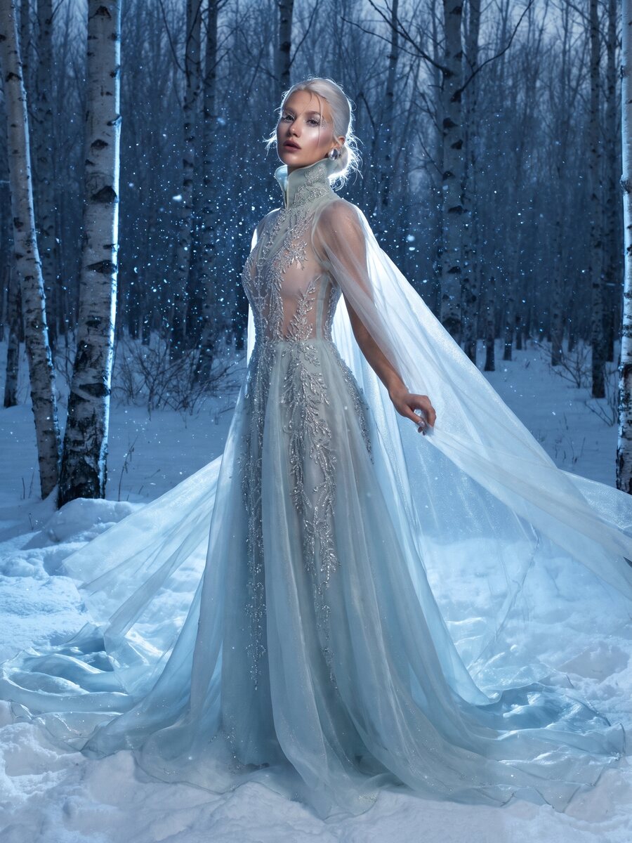 Model in an ice-blue couture gown in a snowy birch forest