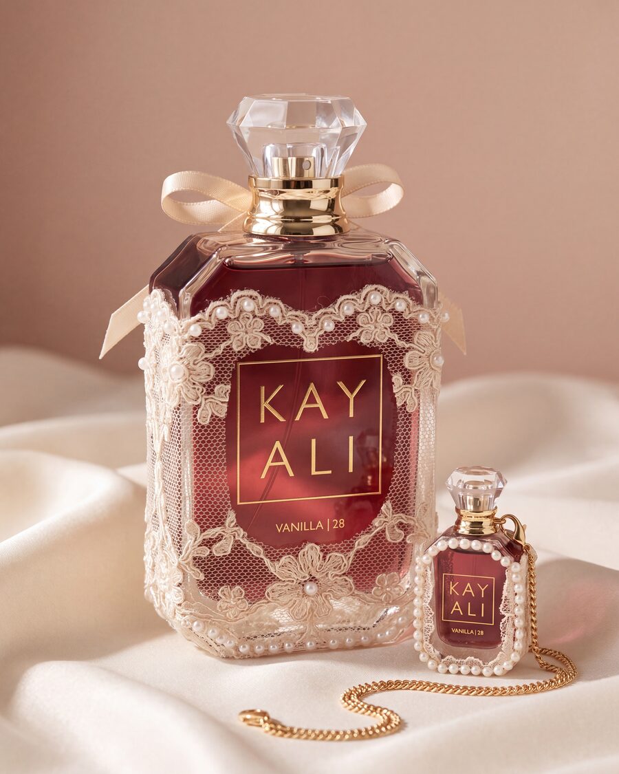 Perfume bottle dressed in lace